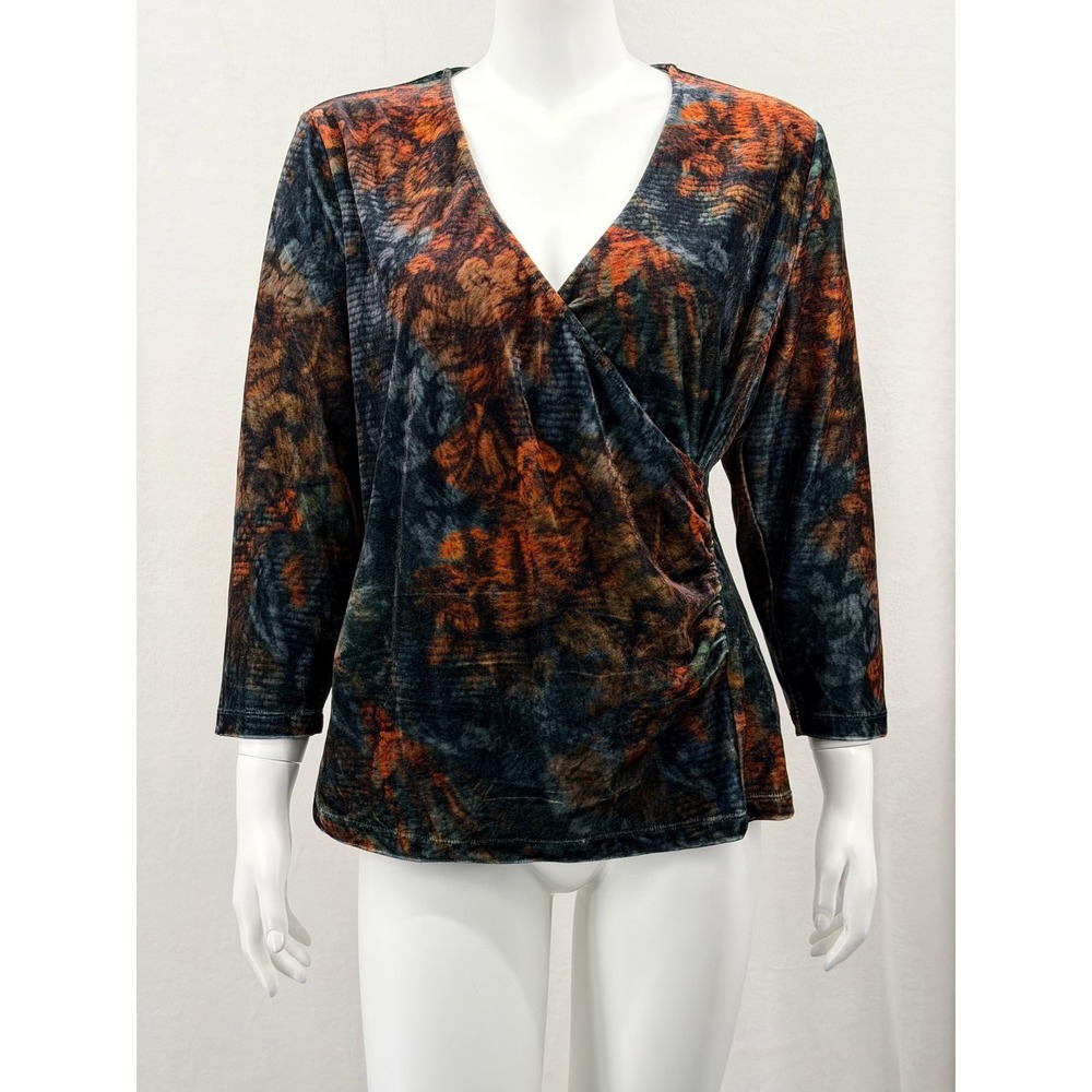 Soft Surroundings Top Womens XL Navy Brown Velvet V-Neck Floral Boho Autumn Fall